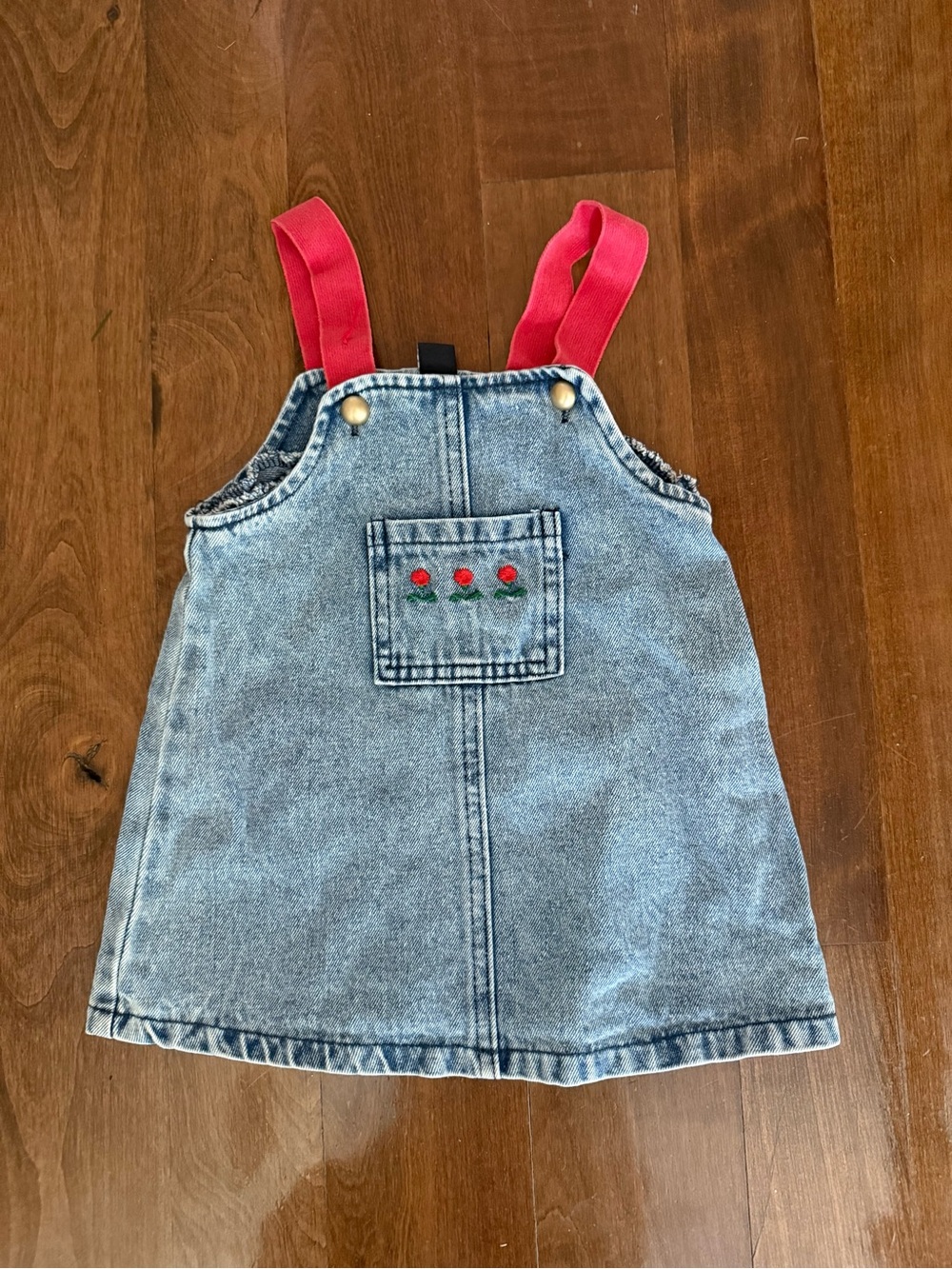 Baby Girls Denim Overall Dress with Red Straps and Flower Embroidery 12-18 month